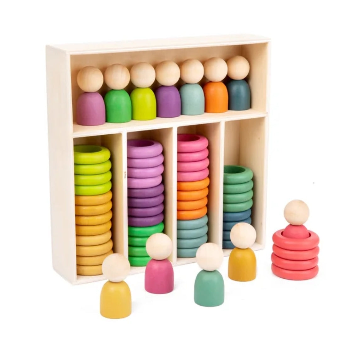 Wooden Rainbow Sensory Peg People, Coins and Rings