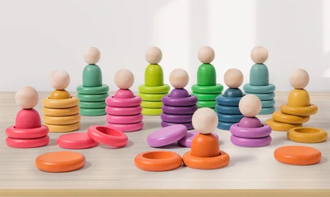 Wooden Rainbow Sensory Peg People, Coins and Rings