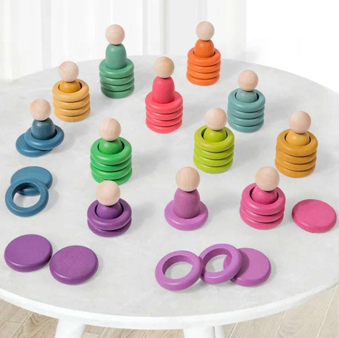 Wooden Rainbow Sensory Peg People, Coins and Rings