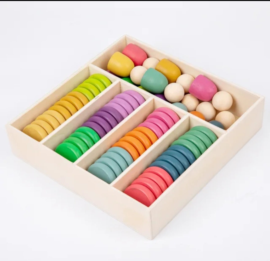 Wooden Rainbow Sensory Peg People, Coins and Rings